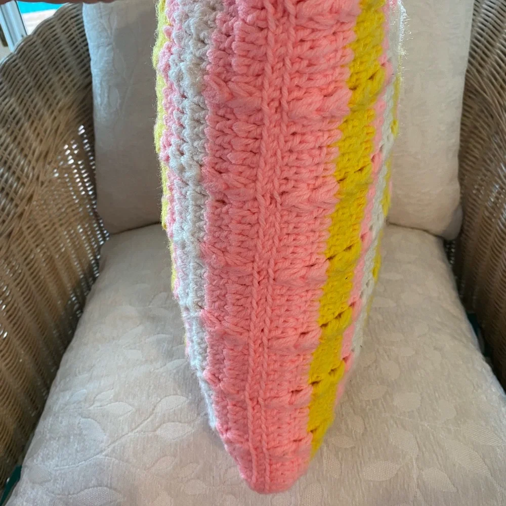Vintage Hand-Made Knitted/Crocheted Pink, Yellow & White Pillow💛